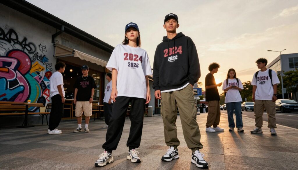 A dynamic urban scene featuring a diverse group of young adults showcasing the latest streetwear fashion trends for 2024. In the foreground, a male and female model stand confidently, wearing oversized graphic tees, layered hoodies, and stylish joggers. Accessories like chunky sneakers and unique hats highlight their individual styles. In the middle ground, street art and trendy cafes create a lively atmosphere, emphasizing a vibrant city backdrop. The background features a sunset casting warm golden hues, enhancing the relaxed yet stylish mood. Shot with a wide-angle lens, from a low angle to emphasize the subjects' fashion choices while retaining a clear view of the bustling environment around them. The overall feel is energetic and fresh, capturing the essence of urban street culture.