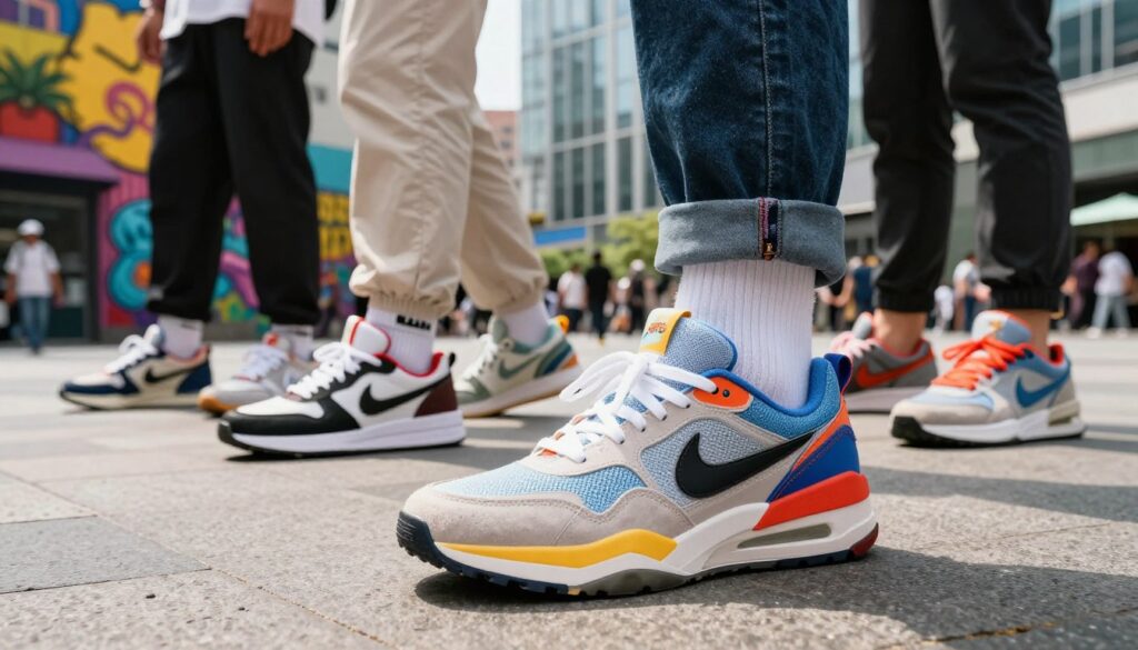 A dynamic urban scene showcasing the latest sneaker trends for 2026, featuring a stylish young adult wearing trendy, futuristic sneakers in focus. The foreground highlights the sneakers with vivid colors and unique designs, emphasizing their textures and shapes. In the middle ground, additional models display various sneaker styles, each reflecting bold patterns and innovative materials. The background features a bustling cityscape with bright street art and modern architecture, creating an energetic vibe. Bright daylight pours in, casting soft shadows and enhancing the sneaker details. Capture the atmosphere of excitement and fashion-forward thinking, with an emphasis on casual street style and fresh urban culture. A dynamic urban scene showcasing the latest sneaker trends for 2026, featuring a stylish young adult wearing trendy, futuristic sneakers in focus. The foreground highlights the sneakers with vivid colors and unique designs, emphasizing their textures and shapes. In the middle ground, additional models display various sneaker styles, each reflecting bold patterns and innovative materials. The background features a bustling cityscape with bright street art and modern architecture, creating an energetic vibe. Bright daylight pours in, casting soft shadows and enhancing the sneaker details. Capture the atmosphere of excitement and fashion-forward thinking, with an emphasis on casual street style and fresh urban culture.