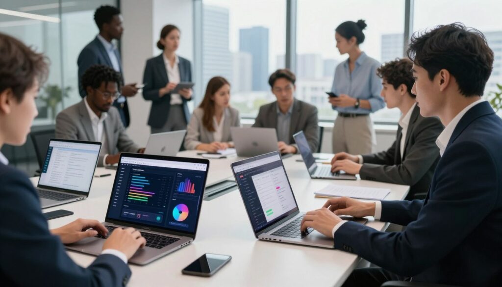 A futuristic workspace featuring a sleek, modern office desk in the foreground, with several open laptops displaying various AI tools and interfaces similar to ChatGPT. The laptops should show colorful graphs, chat interfaces, and engaging user designs, emphasizing innovation and technology. In the middle ground, a diverse group of professionals, dressed in smart business attire, are engaged in discussion about these tools, illustrating collaboration and evaluation of options. In the background, a large window reveals a bright city skyline, suggesting a high-tech environment. Soft, natural lighting floods the room, creating an inviting atmosphere. The overall mood should convey professionalism, creativity, and exploration in AI technology, highlighting the importance of choosing the right tool.