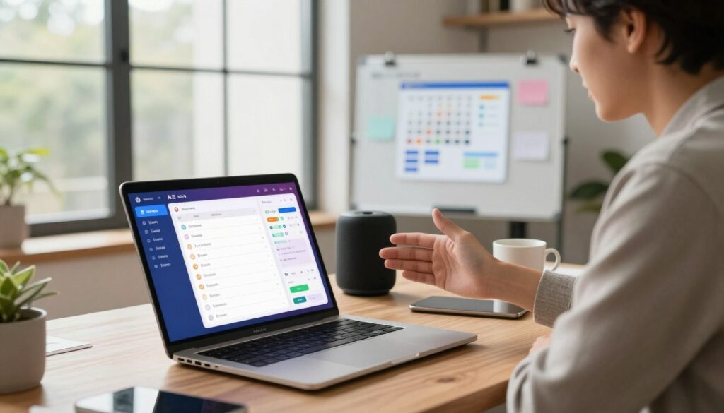 A modern home office scene showcasing several AI applications enhancing daily productivity. In the foreground, a sleek laptop displays vibrant app interfaces, featuring to-do lists, calendar sync, and project management tools. A professional individual, dressed in smart casual attire, gestures towards the screen, engaged and focused. In the middle ground, a smart speaker and an AI-enabled whiteboard highlight the integration of technology, while a coffee cup adds a cozy touch. The background features large windows with natural light streaming in, illuminating the workspace. The atmosphere is inviting and motivating, with warm tones creating a sense of inspiration and efficiency. The image captures the essence of utilizing AI apps to improve everyday task management and productivity.