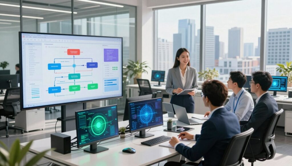 A modern office environment showcasing a dynamic AI workflow optimization scene. In the foreground, a diverse group of three professionals, dressed in smart business attire, engage in a collaborative discussion around a large digital screen displaying colorful graphs and flowcharts of workflow processes. In the middle ground, various AI tools and devices are strategically placed on stylish desks, emitting soft blue and green glows, symbolizing intelligent technology. The background features a sleek city skyline view through panoramic windows, with natural sunlight streaming in, creating a bright and inspiring atmosphere. The mood is collaborative and innovative, emphasizing a sense of efficiency and futuristic technology. The perspective is slightly elevated, capturing the entire workspace seamlessly. A modern office environment showcasing a dynamic AI workflow optimization scene. In the foreground, a diverse group of three professionals, dressed in smart business attire, engage in a collaborative discussion around a large digital screen displaying colorful graphs and flowcharts of workflow processes. In the middle ground, various AI tools and devices are strategically placed on stylish desks, emitting soft blue and green glows, symbolizing intelligent technology. The background features a sleek city skyline view through panoramic windows, with natural sunlight streaming in, creating a bright and inspiring atmosphere. The mood is collaborative and innovative, emphasizing a sense of efficiency and futuristic technology. The perspective is slightly elevated, capturing the entire workspace seamlessly.