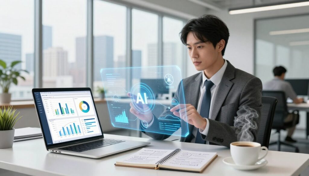 A modern workspace showcasing AI productivity tools in action. In the foreground, a sleek, high-tech desk with a laptop displaying data analytics and productivity software. A cup of coffee steam rises gently beside a notepad filled with notes and ideas. In the middle, a professional individual in business attire, focused and engaged, interacts with a digital touchscreen overlay featuring graphs and AI icons. In the background, large windows allow natural light to illuminate the room, revealing a bustling city skyline. The atmosphere is dynamic and inspiring, blending a sense of innovation and efficiency. Use a bright color palette with soft, diffused lighting to create a motivational vibe. The scene should convey the essence of transforming workflow through advanced technology, emphasizing clarity and professionalism. A modern workspace showcasing AI productivity tools in action. In the foreground, a sleek, high-tech desk with a laptop displaying data analytics and productivity software. A cup of coffee steam rises gently beside a notepad filled with notes and ideas. In the middle, a professional individual in business attire, focused and engaged, interacts with a digital touchscreen overlay featuring graphs and AI icons. In the background, large windows allow natural light to illuminate the room, revealing a bustling city skyline. The atmosphere is dynamic and inspiring, blending a sense of innovation and efficiency. Use a bright color palette with soft, diffused lighting to create a motivational vibe. The scene should convey the essence of transforming workflow through advanced technology, emphasizing clarity and professionalism.