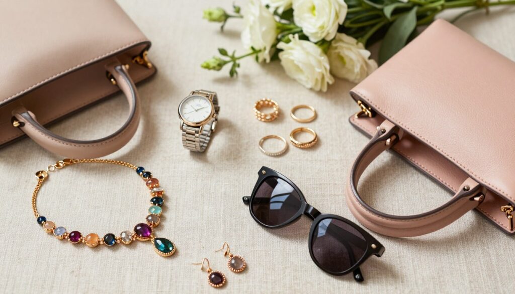 A stylish flat lay of trendy fashion accessories arranged on a textured fabric background. In the foreground, showcase a variety of items like a statement necklace with colorful gemstones, elegant earrings, soft leather handbags in pastel shades, and a pair of fashionable sunglasses. The middle layer features a chic wristwatch and a selection of intricate rings. In the background, subtly include a blurred bouquet of fresh flowers to add a touch of elegance. Use soft, natural lighting for a warm and inviting atmosphere, creating a sense of sophistication. Capture the scene from a top-down angle to emphasize the details of the accessories, making them the focal point of the image. The overall mood should be one of effortless style and refinement, appealing to fashion-savvy individuals.