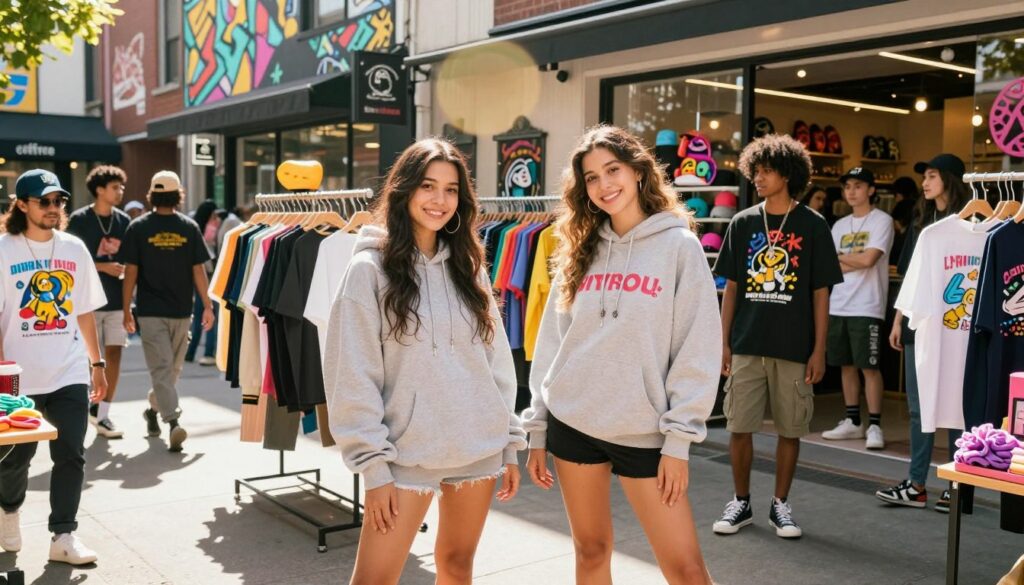 A vibrant fashion scene showcasing a diverse group of individuals wearing trendy, authentic viral clothing brands. In the foreground, two young adults, one male and one female, are smiling and posing confidently in stylish, casual outfits like oversized hoodies and chic athleisure. The middle ground features a stylish boutique filled with racks of eye-catching apparel, including unique graphic tees and colorful accessories. The background displays a lively urban street with trendy coffee shops and art murals, reflecting a creative atmosphere. The lighting is bright and natural, casting soft shadows, with a slight lens flare for a warm, inviting feel. The mood is energetic and aspirational, highlighting the excitement of discovering new fashion trends. A vibrant fashion scene showcasing a diverse group of individuals wearing trendy, authentic viral clothing brands. In the foreground, two young adults, one male and one female, are smiling and posing confidently in stylish, casual outfits like oversized hoodies and chic athleisure. The middle ground features a stylish boutique filled with racks of eye-catching apparel, including unique graphic tees and colorful accessories. The background displays a lively urban street with trendy coffee shops and art murals, reflecting a creative atmosphere. The lighting is bright and natural, casting soft shadows, with a slight lens flare for a warm, inviting feel. The mood is energetic and aspirational, highlighting the excitement of discovering new fashion trends.