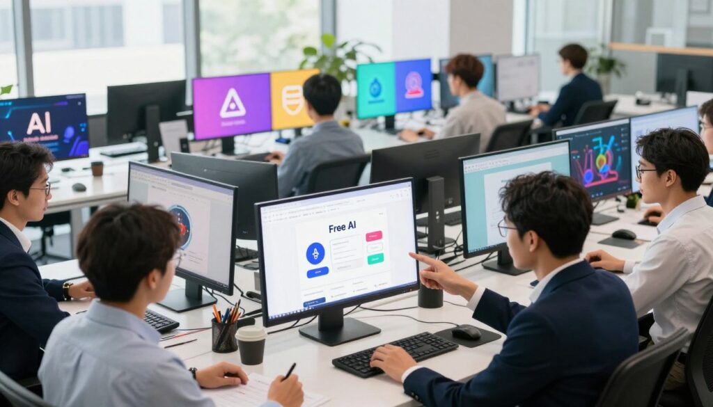 A vibrant, modern workspace showcasing a variety of free AI websites on multiple computer screens, each displaying user-friendly interfaces with engaging visuals of artificial intelligence tools. In the foreground, a diverse group of professionals in business attire collaborates, pointing at one screen that features a sleek design of an AI tool. The middle ground includes an array of colorful digital icons representing different AI functionalities, such as data analysis, image generation, and language processing. The background presents a bright, open office environment, with panoramic windows allowing natural light to illuminate the scene. The mood is innovative and collaborative, emphasizing accessibility and ease of use in technology. The angle is slightly above eye level, capturing both the engagement of the professionals and the vibrant interfaces of the AI tools.