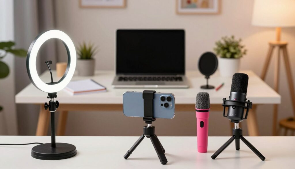 A visually appealing arrangement of essential TikTok products for content creation. In the foreground, showcase a colorful ring light, a smartphone on a stylish tripod, and a compact microphone with vibrant accessories like phone lenses and pop filters. The middle layer features a well-organized workspace with a sleek laptop and notes, surrounded by aesthetic decorations that inspire creativity. The background softly blurs a cozy room setting with warm lighting, creating an inviting atmosphere. Utilize a soft focus effect to emphasize the products while capturing a lively yet professional mood. The composition should be centered and balanced, ensuring each product is clearly visible without overcrowding the scene.