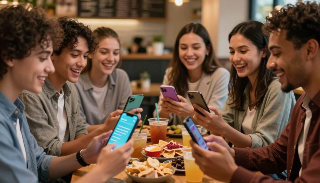 A dynamic and vibrant scene depicting a group of diverse young adults enthusiastically engaging with their smartphones, showcasing their excitement about a new viral social media trend. In the foreground, a mixed-gender group, dressed in casual yet professional attire, gathers around a table filled with snacks and drinks, their faces lit up with joy and curiosity. In the middle ground, colorful phone screens show trending hashtags and videos, while friends interact and laugh together. The background features a cozy café environment, with warm, ambient lighting that creates an inviting atmosphere. The composition should capture a sense of community and connection, emphasizing the sharing of ideas and experiences that make social media trends go viral. Use a slight depth of field to keep the focus on the group, with soft, warm lighting enhancing the mood.