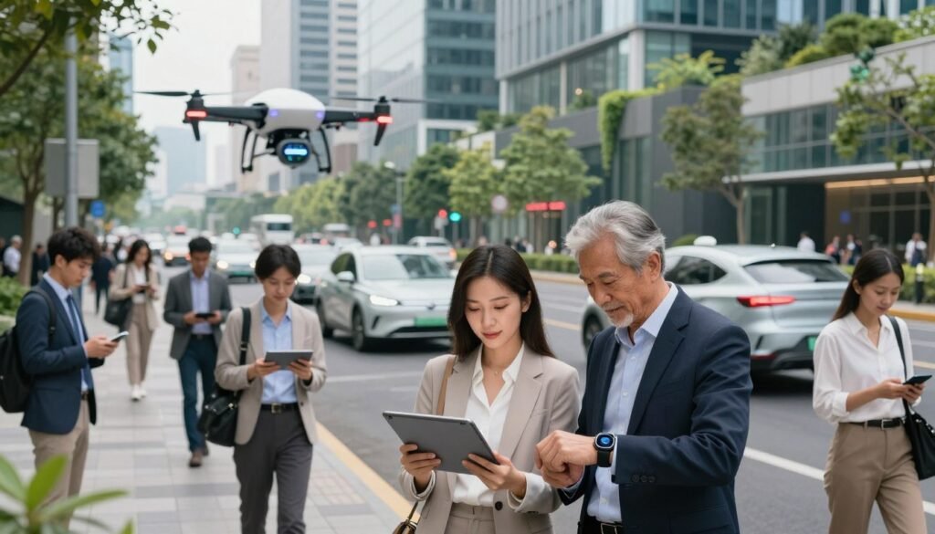 A dynamic urban scene illustrating the impact of AI on everyday life. In the foreground, a diverse group of people, dressed in professional business attire and modest casual clothing, are engaged with smart devices: a young woman analyzes data on a tablet, while an older man consults a virtual assistant displayed on his smartwatch. In the middle ground, autonomous delivery drones and self-driving cars navigate a busy street, highlighting AI's integration into daily activities. The background features a modern cityscape with smart buildings adorned with greenery, showcasing a harmony between technology and nature. The scene is illuminated by soft, natural lighting to evoke a sense of hope and innovation, captured from a wide-angle perspective to emphasize the bustling atmosphere of this AI-enhanced environment.