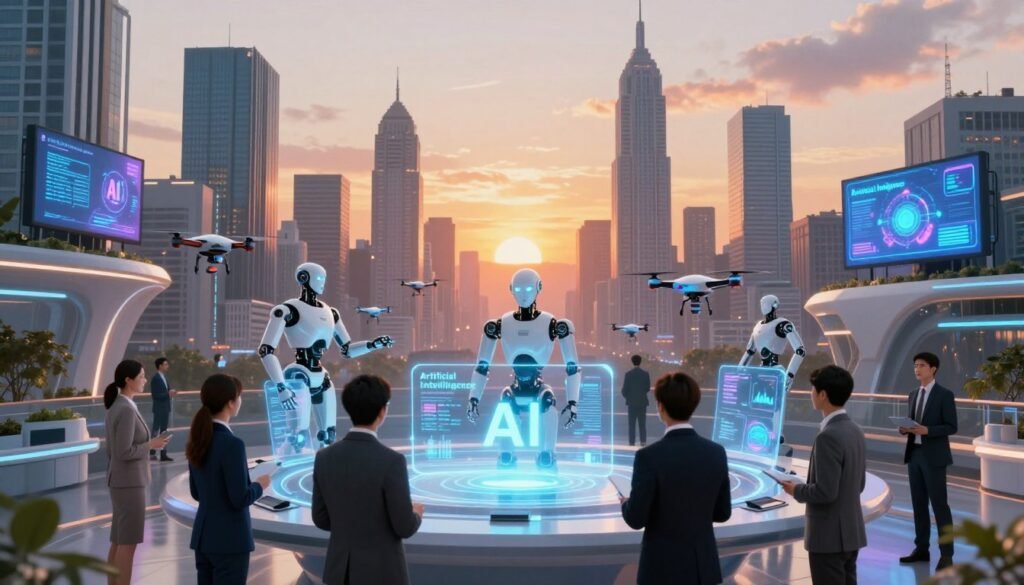 A futuristic cityscape representing "Artificial Intelligence" in the United States. In the foreground, a diverse group of professionals in business attire is gathered around a sleek, high-tech holographic interface displaying AI data and analytics. In the middle, advanced robotic entities and drones interact seamlessly with people, symbolizing collaboration between humans and technology. The background features skyscrapers adorned with digital billboards showcasing AI innovations, all under a vibrant sunset sky that casts a warm, optimistic glow over the scene. The atmosphere is dynamic yet harmonious, emphasizing the promising future of AI integration in everyday life. Soft focus lighting enhances the sleek surfaces of technology, while a wide-angle lens captures the expansive cityscape.