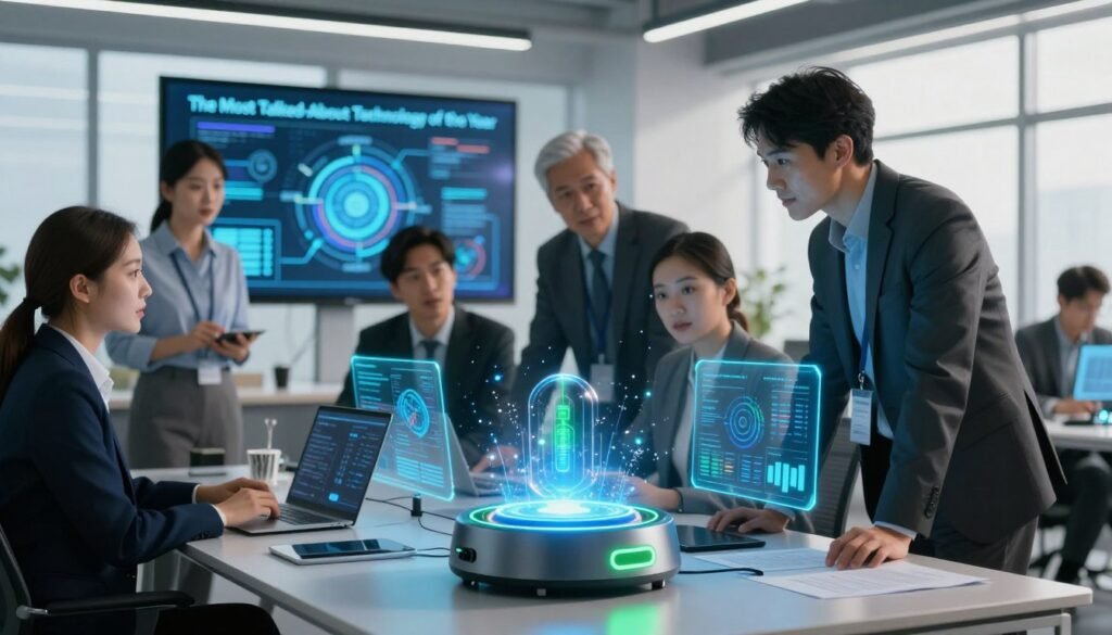 A futuristic workspace showcasing "The Most Talked-About Technology of the Year." In the foreground, a sleek, high-tech device glows with vibrant blue and green lights, surrounded by advanced gadgets and holographic displays depicting data analyses. In the middle ground, a diverse group of professionals in business attire intently discusses and interacts with this technology, their expressions reflecting curiosity and engagement. The background features a large screen displaying visuals of the tech's applications, set within a modern, bright office filled with soft natural light filtering through large windows. The atmosphere is dynamic and innovative, focusing on collaboration and discovery, with a depth-of-field effect that softly blurs the background while highlighting the device and its users.