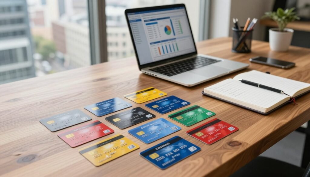 A modern, stylish workspace featuring a variety of credit cards displayed prominently on a polished wooden desk. In the foreground, a well-organized arrangement of vibrant cashback rewards cards, each card showcasing unique designs and colors. In the middle, a laptop with an open financial app showing spending habits analysis, alongside a stylish notepad with handwritten notes. In the background, soft-focus images of a bustling cityscape through a large window, allowing natural light to flood the scene, enhancing the atmosphere of financial empowerment. The overall mood is upbeat and professional, conveying a sense of clarity and purpose in making financial decisions. The image should have warm lighting and be captured from a slightly elevated angle to showcase the entire desk setup effectively.