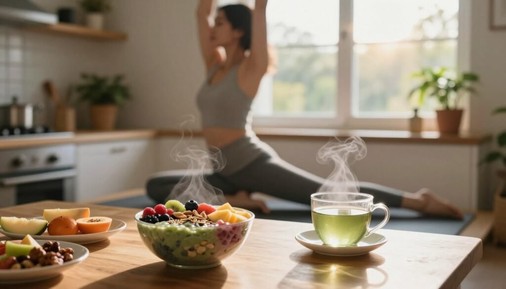 A serene morning scene set in a cozy kitchen, filled with soft, warm light filtering through a window. In the foreground, a healthy breakfast spread on a wooden table includes a colorful smoothie bowl topped with fruits, nuts, and seeds, a cup of green tea steaming gently beside it. In the middle, a person in modest, casual athletic wear is engaged in yoga or gentle stretching, embodying mindful movement and focus. The background features potted plants and a soft-focus view of morning sunlight illuminating a vibrant landscape outside, creating a sense of peace and rejuvenation. The mood is uplifting and inspiring, evoking the essence of beginning the day with healthy habits and preparing the body for metabolic success.