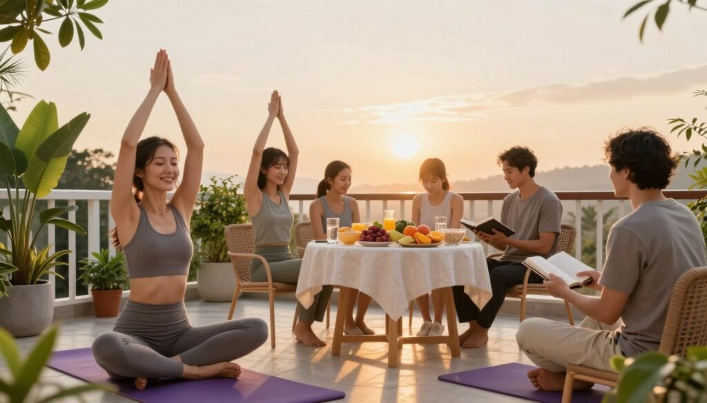 A serene morning scene showcasing seven essential habits that promote natural weight loss. In the foreground, a cheerful person in modest athletic wear is practicing yoga on a bright, sunlit balcony with lush plants around. In the middle ground, a vibrant breakfast table is filled with colorful fruits, oatmeal, and a glass of water, symbolizing healthy eating. To the side, a person is seen journaling, reflecting a mindful practice. The background features a calm sunrise with warm golden tones casting soft light, enhancing the peaceful atmosphere. The overall mood is uplifting and motivating, inspiring viewers to embrace a healthy morning routine. The image should be bright and inviting, captured with a wide angle lens to encompass all elements harmoniously.
