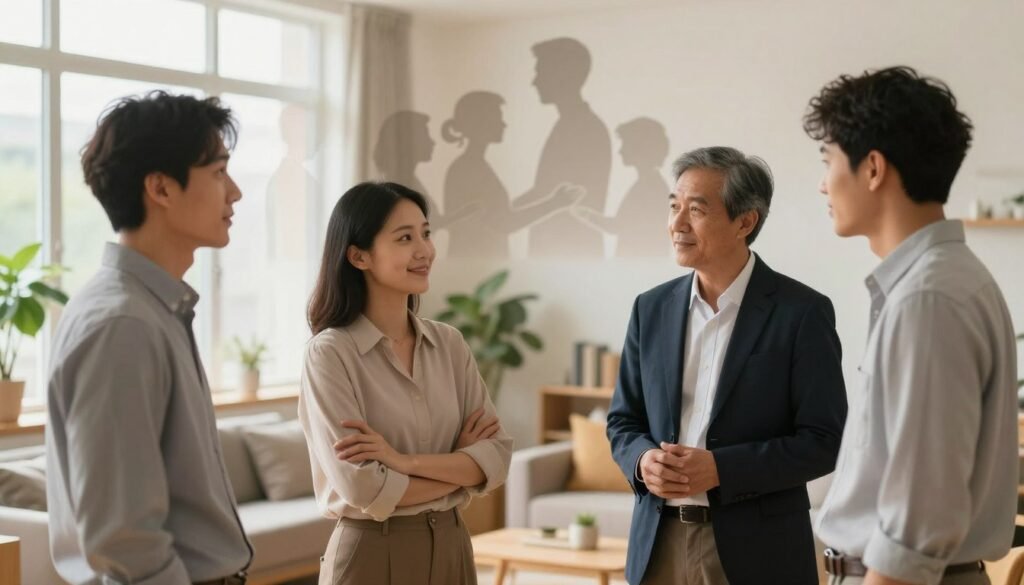 A serene scene depicting the essence of healthy relationships. In the foreground, a diverse group of four individuals (two men, two women) stand together, engaging in a warm and supportive conversation, dressed in professional business attire. Their expressions radiate trust and understanding. In the middle ground, a cozy, inviting living area with soft furnishings, plants, and natural light pouring in from large windows creates an atmosphere of comfort. In the background, gentle soft-focus silhouettes of other supportive relationships can be seen, emphasizing community and connection. The lighting is soft and warm, suggesting a peaceful and welcoming environment. The overall mood conveys harmony, mutual respect, and emotional support, embodying the foundations for building healthy relationships.