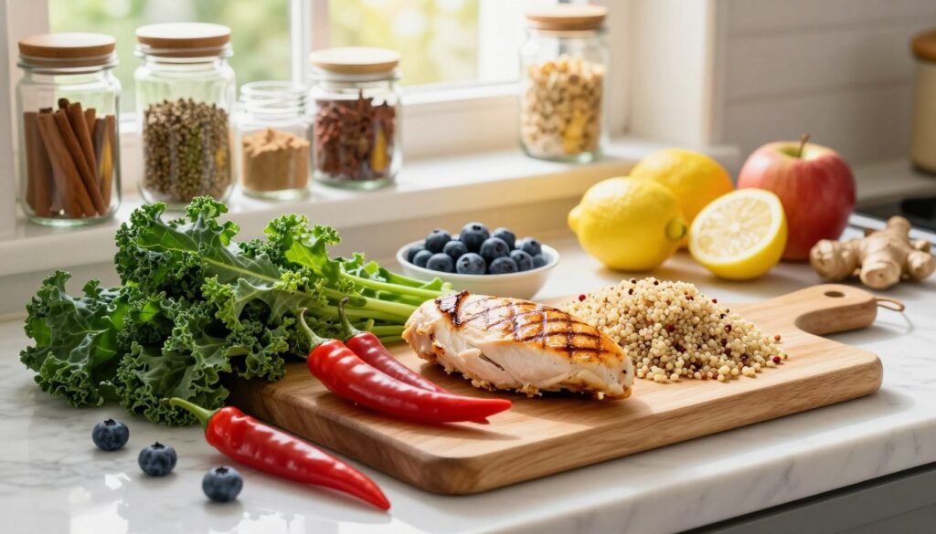 A vibrant and inviting kitchen scene showcasing a variety of colorful foods that are known to boost metabolism for weight loss. In the foreground, prominently display a wooden cutting board laden with fresh green vegetables like kale, broccoli, and chili peppers, alongside protein sources such as grilled chicken breast and quinoa. In the middle, include a marble countertop with an assortment of fruits like blueberries, lemons, and apples, scattered artfully around. In the background, a bright window provides natural sunlight streaming in, illuminating glass jars filled with spices like ginger and cinnamon. The mood is energetic and health-focused, inviting viewers to explore the benefits of these nutritious foods. The lighting is soft and warm, enhancing the fresh colors of the ingredients, creating an atmosphere of vitality and wellness.