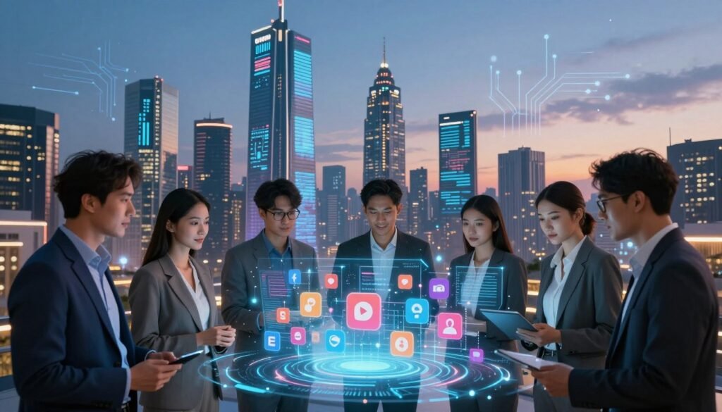 A vibrant, futuristic digital landscape showcasing the essence of current internet trends. In the foreground, a diverse group of professionals in stylish business attire collaborate around a holographic display of trending social media icons, e-commerce graphics, and data analytics charts. In the middle ground, sleek skyscrapers adorned with digital billboards and interactive screens convey a sense of innovation and connectivity. The background features a twilight sky with glowing circuit patterns, representing the digital world’s vastness. Soft, ambient lighting highlights the subjects' expressions and the tech elements, creating an atmosphere of optimism and forward-thinking. Capture the scene from a slightly elevated angle to give a comprehensive view of this bustling digital hub.
