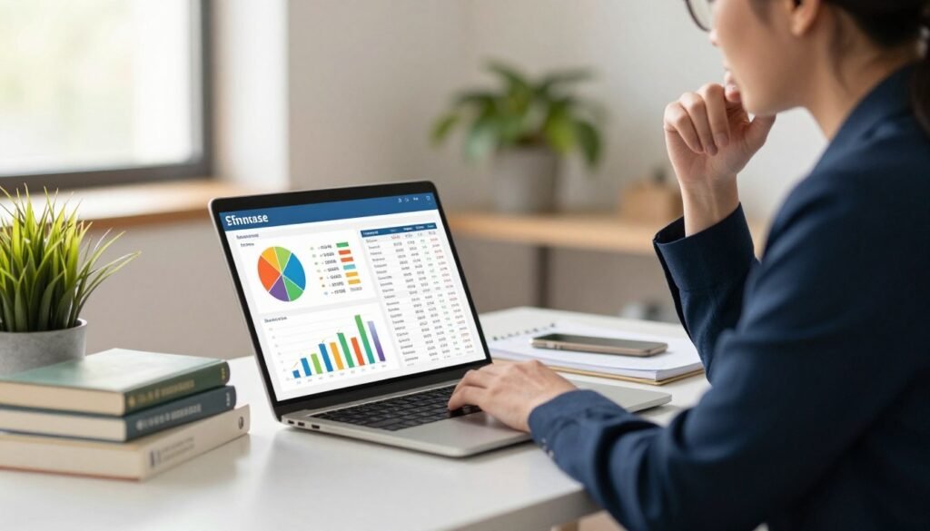 A visual representation of personal finance foundations, featuring a well-organized desk in the foreground with a laptop displaying financial graphs, colorful charts, and expense tracking spreadsheets. Surrounding the laptop, a neatly arranged stack of financial books and a potted plant, conveying growth and stability. In the middle ground, a professional individual—dressed in smart casual attire—analyzing the data, looking thoughtful and focused, suggesting a sense of control over personal finances. The background features a soft-focus office setting with warm, natural lighting coming through a nearby window, creating an optimistic and motivating atmosphere. The overall mood reflects empowerment, organization, and a proactive approach to managing personal finance effectively.