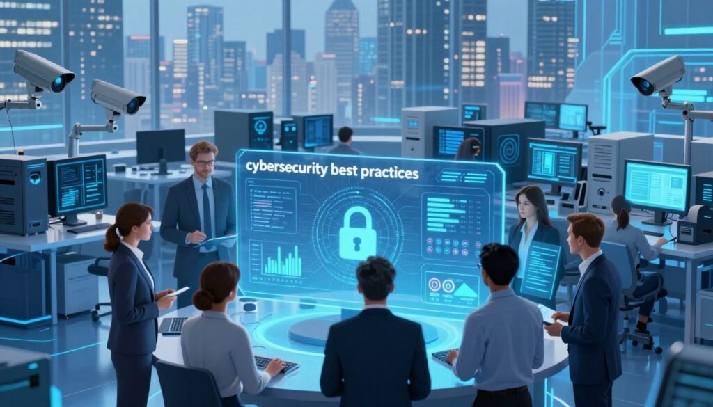 A visually engaging illustration depicting the concept of "cybersecurity best practices." In the foreground, a diverse group of professionals in business attire collaborate, analyzing a large digital screen displaying a security interface with graphs, locks, and alerts. The middle section features a modern office environment filled with sleek computers and cybersecurity hardware, showcasing cutting-edge technology like security cameras and firewalls. In the background, a city skyline is visible through large windows, highlighting a busy tech hub atmosphere. The scene is brightly lit with a futuristic, blue-toned glow, suggesting a sense of urgency and vigilance. The overall mood is one of professionalism, focus, and commitment to data protection.