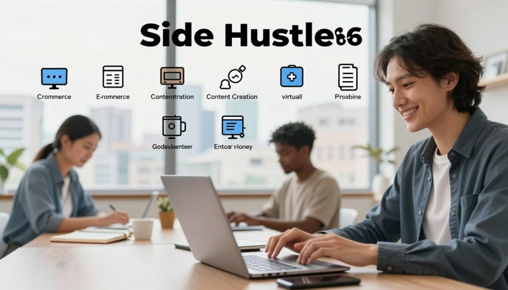 A visually engaging infographic-style image depicting 10 diverse side hustles that can generate extra money by 2026. The foreground features a stylish, modern workspace with a laptop, a notepad, and a smartphone, showcasing a freelance graphic designer and a virtual tutor engaged in their tasks, both dressed in smart casual attire. In the middle ground, icons representing various side hustles, such as e-commerce, content creation, and app development, are artistically arranged around the workspace. The background includes a bright and inspiring cityscape, symbolizing opportunity and growth. Soft, natural lighting enhances the scene, with a slight bokeh effect to focus on the foreground. The atmosphere is motivational and optimistic, suitable for aspiring entrepreneurs visualizing their future endeavors in side hustles.
