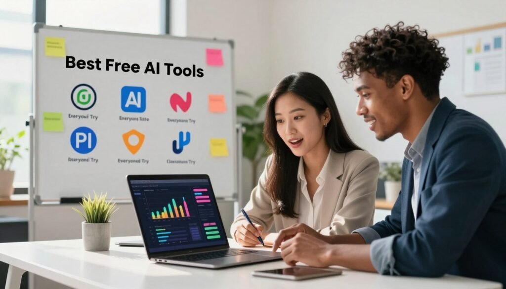 A visually engaging workspace scene that embodies the concept of "Best Free AI Tools Everyone Should Try." In the foreground, a clean, modern desk is featured, adorned with a sleek laptop displaying colorful graphs and AI interfaces on the screen. A diverse group of three professionals—one Black man, one Hispanic woman, and one Asian man—are gathered around the desk, dressed in smart casual attire, studying the laptop with expressions of interest and excitement. In the middle ground, a whiteboard displays key AI tool logos and their icons, while vibrant sticky notes flutter around them. The background is softly blurred, showcasing a bright, well-lit office environment with greenery for a refreshing feel. The atmosphere is innovative and collaborative, with natural sunlight streaming through large windows, creating a warm and inviting mood.